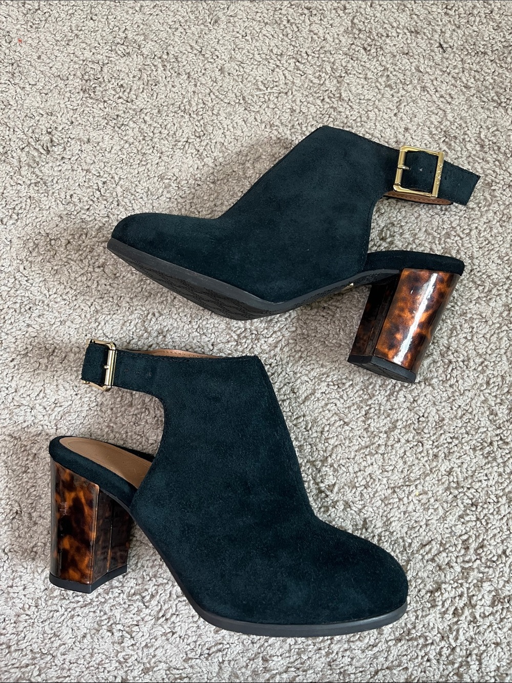 Vionic Perk Lacey Tortoiseshell Black Suede Open Back Buckle Block Heels Size 6